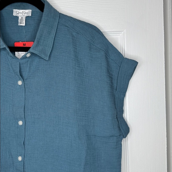 Jessica Simpson Women’s Short Sleeve Gauze Teal Top Sz M NWT - Picture 4 of 6